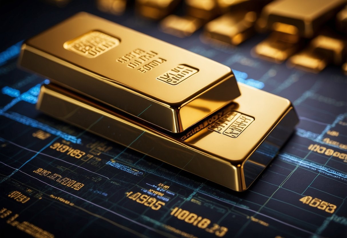 Gold Price FintechZoom: Market Analysis and Future Projections 1 A stack of gold bars sits on a digital graph, showing fluctuating prices. A computer screen displays the Fintechzoom logo in the background
