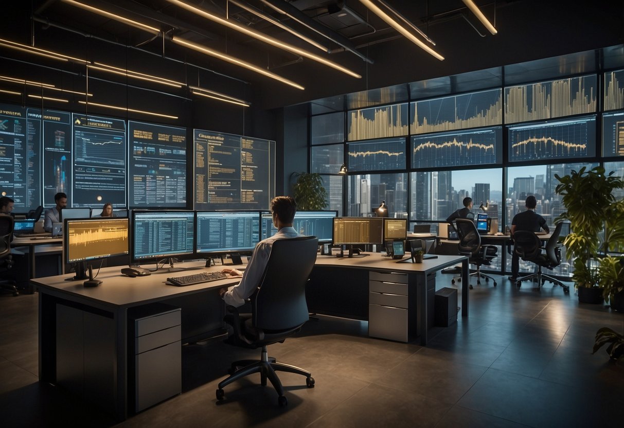 Gold Price FintechZoom: Market Analysis and Future Projections 2 The scene shows a modern office with computer screens displaying Fintechzoom gold price data. Charts and graphs adorn the walls, while employees work diligently at their desks