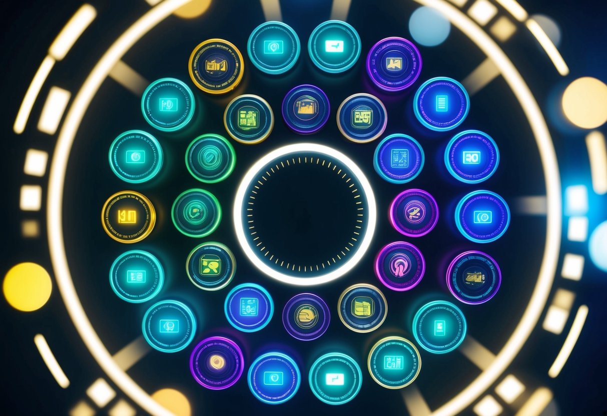 Best Penny Cryptocurrency to Invest in 2025: Top Picks for Maximizing Returns 1 A diverse group of 14 vibrant and futuristic-looking digital coins arranged in a circular pattern, surrounded by glowing lines and symbols