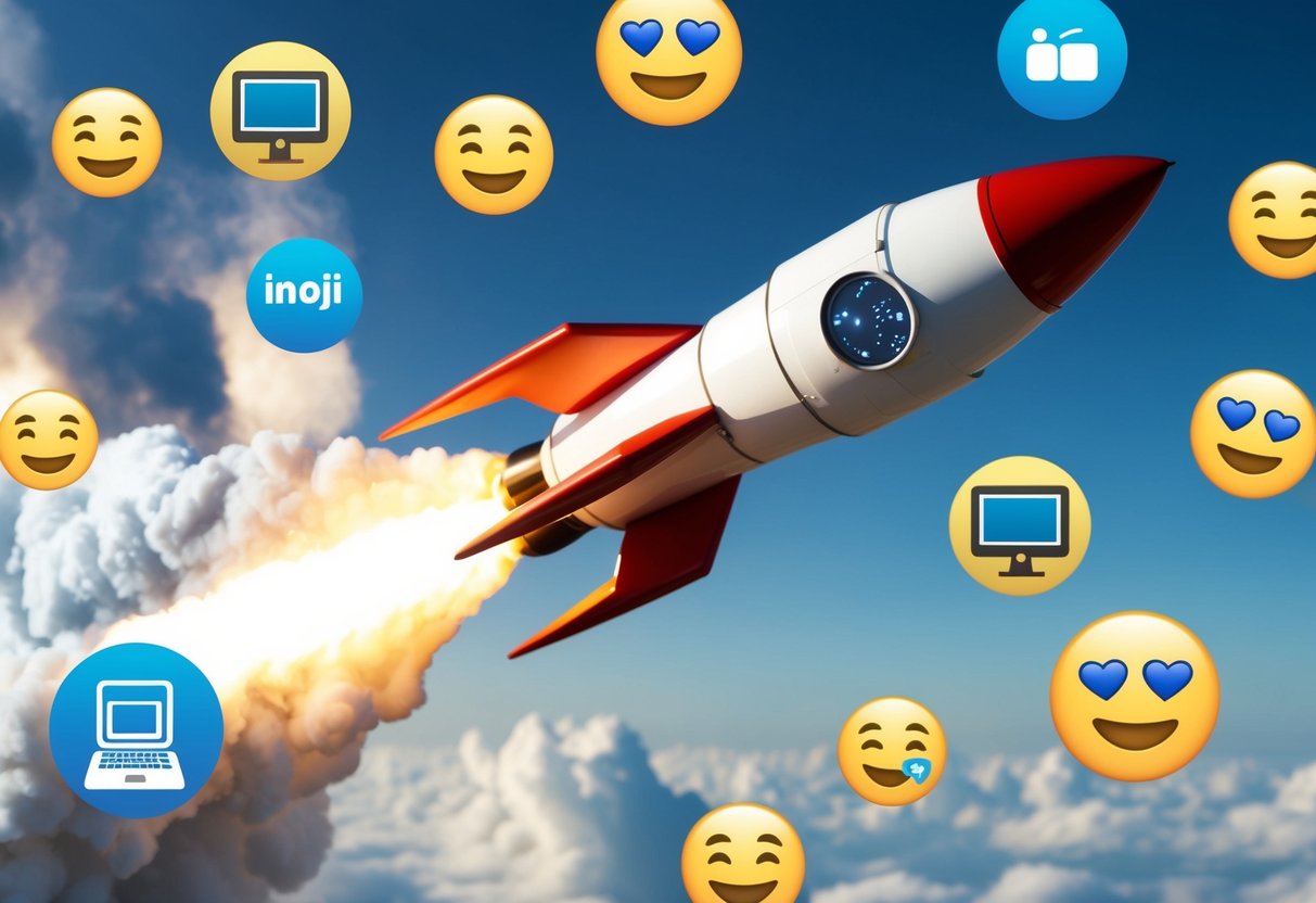 Best Meme Coins: Investing Wisely in the Hottest Trends 1 A rocket ship blasting off surrounded by various internet-themed symbols and emojis