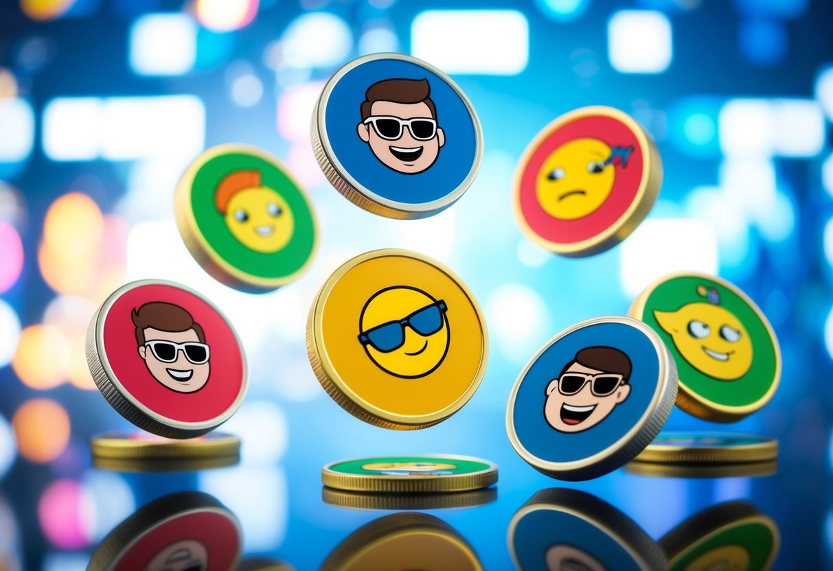 Best Meme Coins: Investing Wisely in the Hottest Trends 2 A group of colorful and playful cartoon coins with popular internet memes printed on them, floating in a digital space