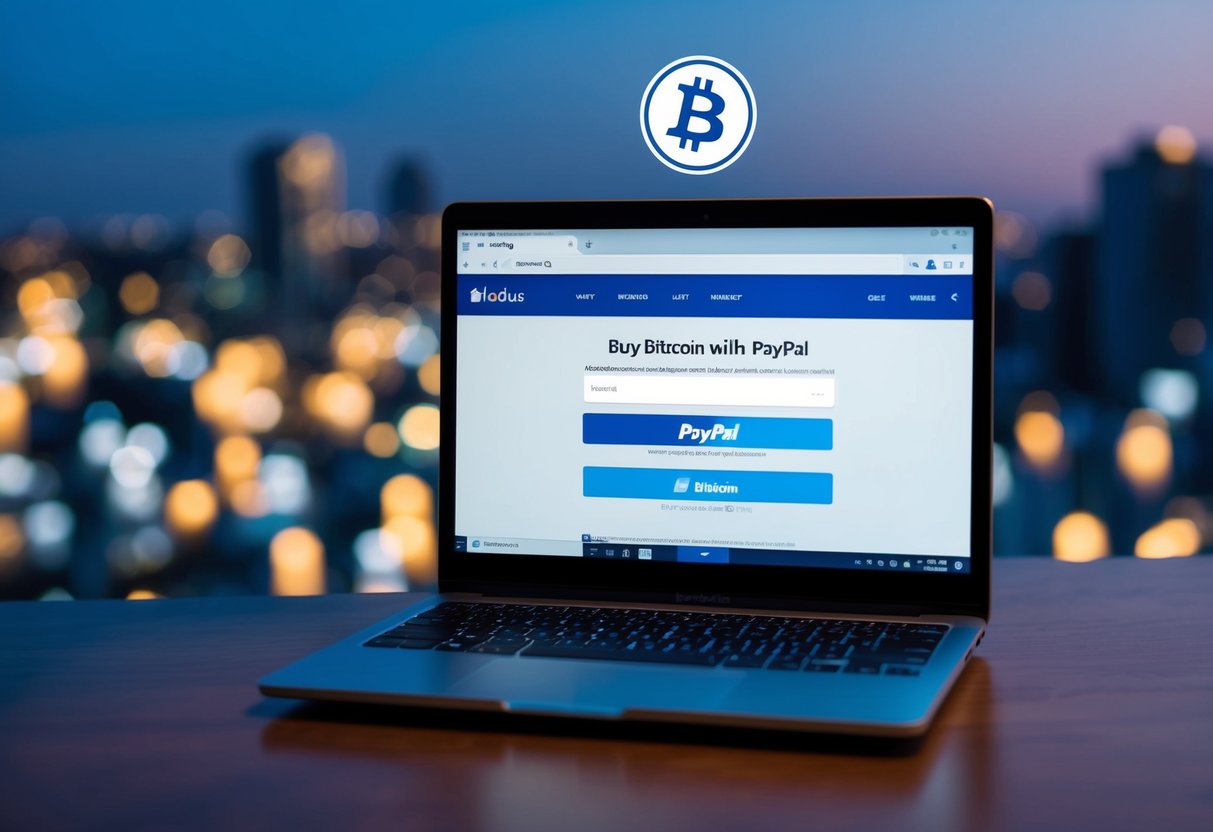 Buy Bitcoin with PayPal: 2025 Step-by-Step Guide 1 A laptop displaying the Exodus wallet interface with a PayPal account linked, while a Bitcoin symbol hovers above, representing the process to buy Bitcoin with PayPal