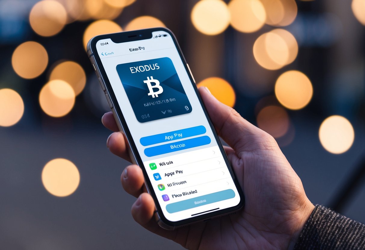 Buy Bitcoin with Apple Pay: A Simple Guide to Quick Transactions 1 A hand holding an iPhone, with the Exodus Wallet app open and the Apple Pay interface visible, with a Bitcoin icon