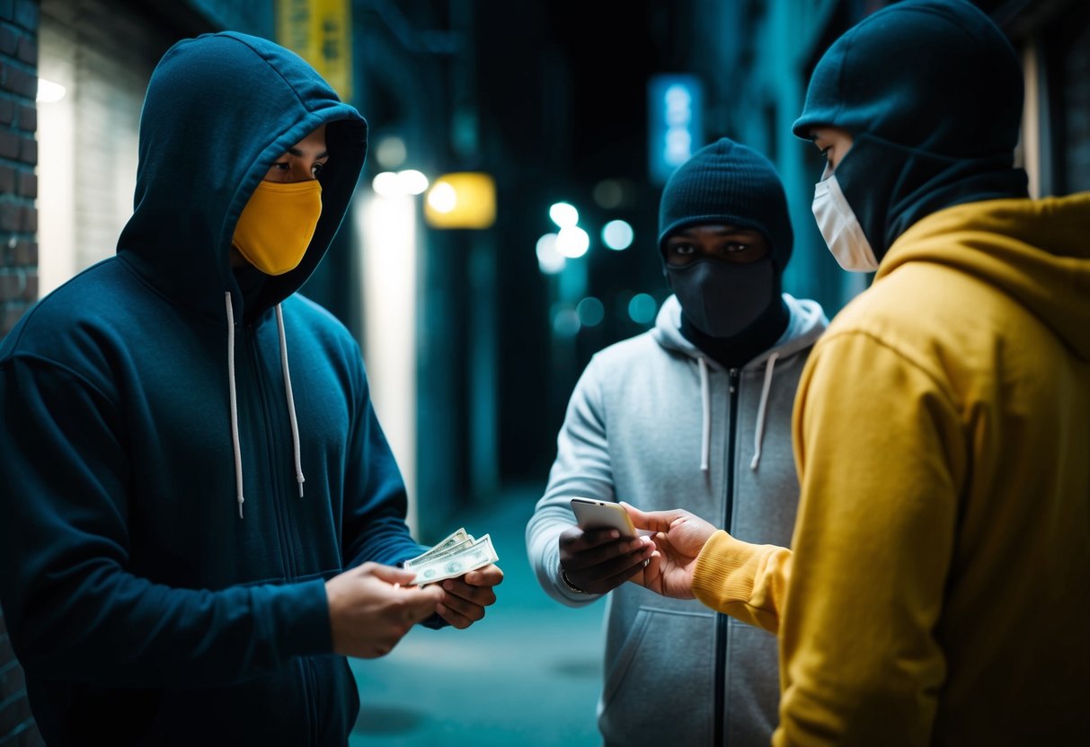 Buy Bitcoin Anonymously Without ID: A Step-by-Step Guide 1 A figure in a hoodie exchanges cash for bitcoin with a masked seller in a dimly lit alleyway