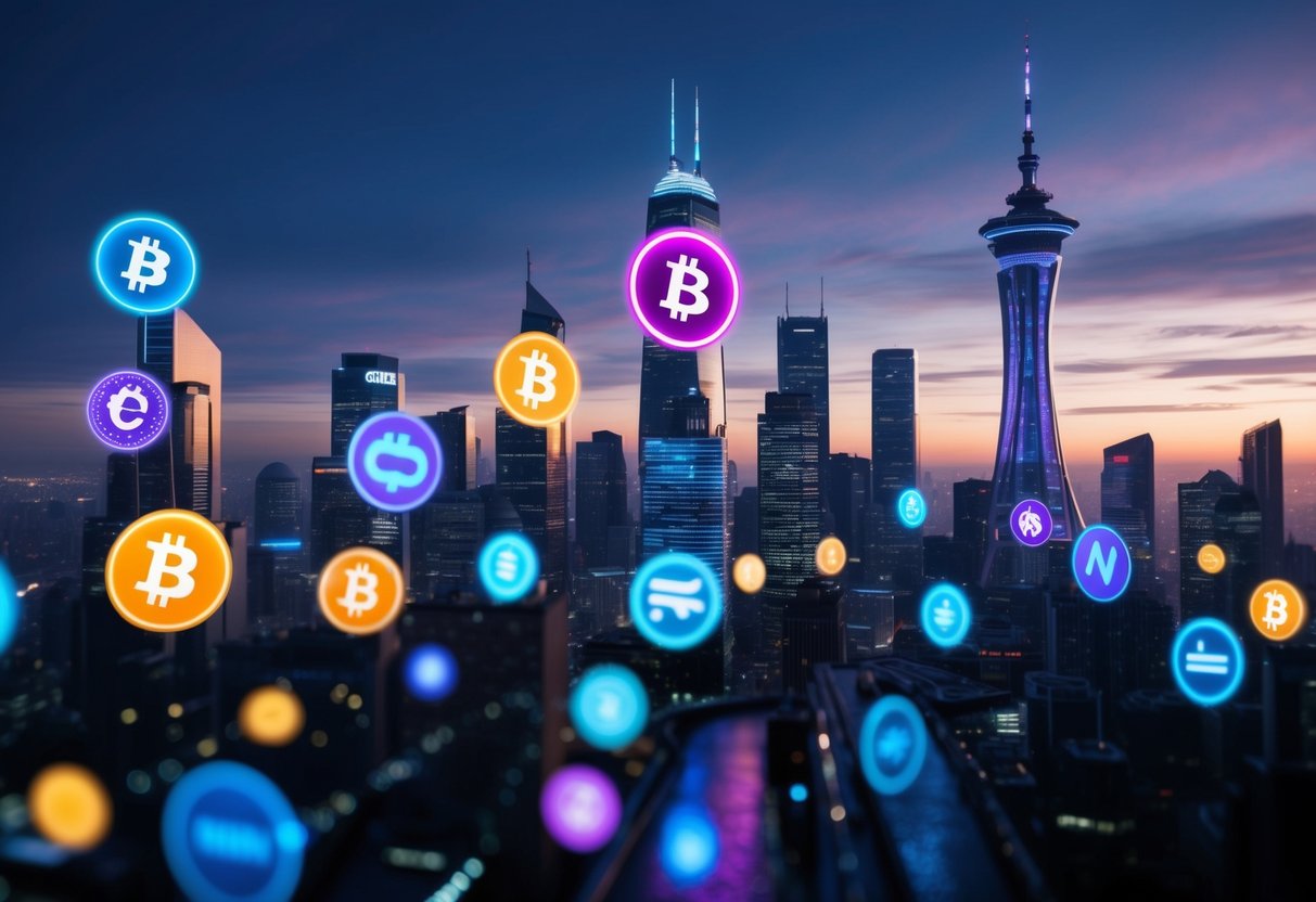No KYC Crypto Exchanges: A Guide to Trading with Privacy 1 A futuristic city skyline with neon signs of various cryptocurrency symbols, bustling with activity as people trade on no KYC exchanges