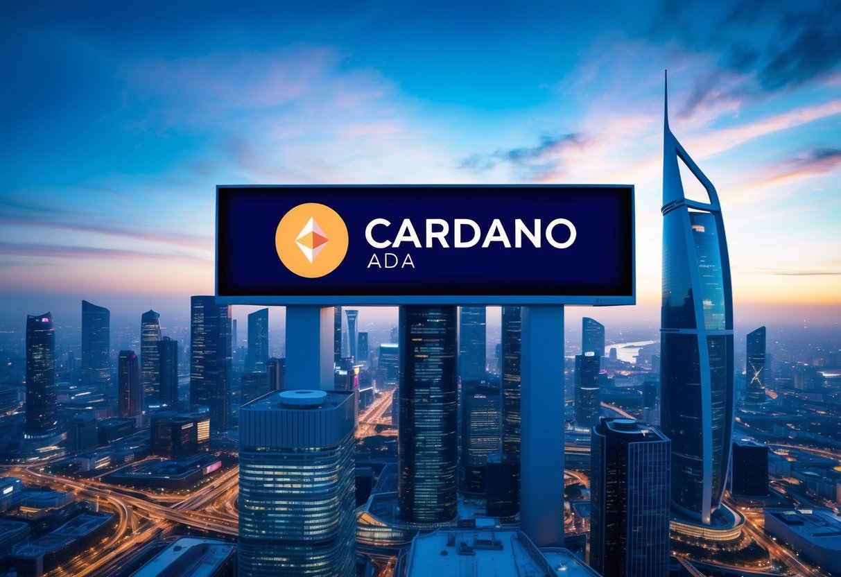 Buy Cardano ADA: A Comprehensive Guide for Investors 1 A futuristic city skyline with a prominent Cardano logo displayed on a digital billboard. The city is bustling with activity, showcasing the widespread use of Cardano (ADA) in everyday transactions