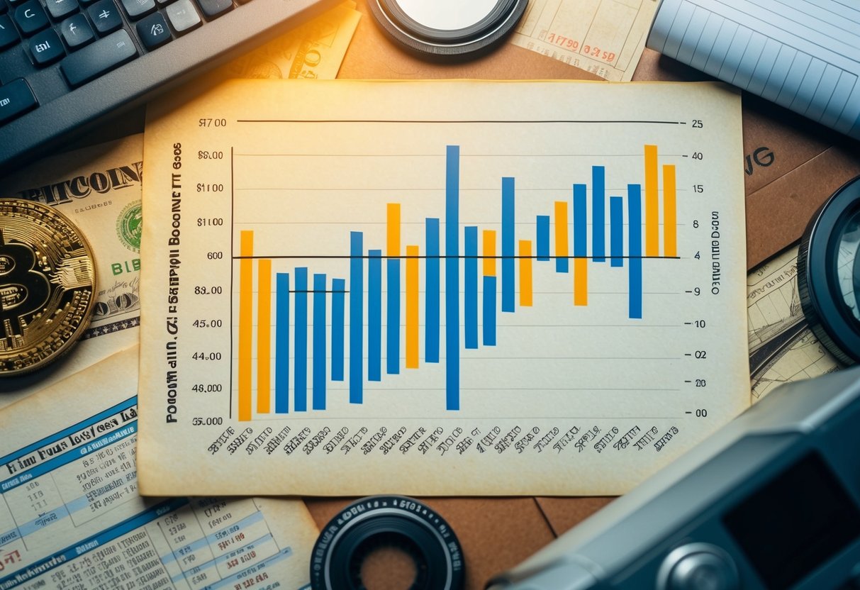 TheCoinRepublic Bitcoin Price Prediction: Insights and Trends for 2025 2 A vintage-looking chart with fluctuating bitcoin prices, surrounded by old financial documents and futuristic technology