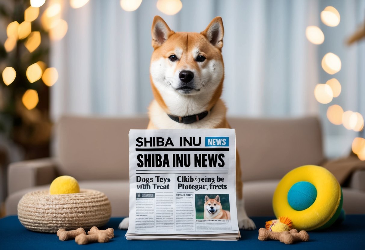 Shiba Inu News: Latest Updates and Market Insights 1 A shiba inu stands proudly in front of a newspaper with the headline "Shiba Inu News," surrounded by dog toys and treats
