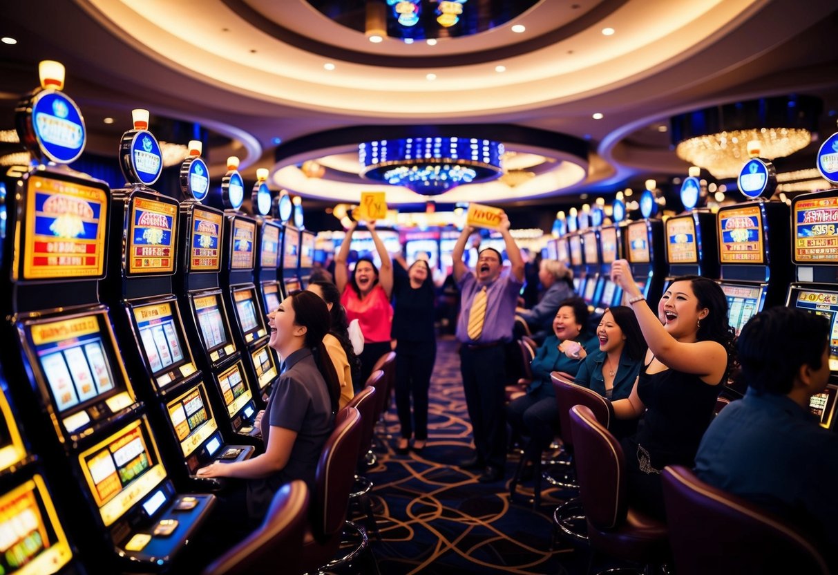 Ding Ding Dong Casino: A Comprehensive Guide to Online Gaming 2 Brightly lit casino with rows of slot machines. Excited players cheer as they win, while others look disappointed. A mix of flashing lights and jingles fills the air