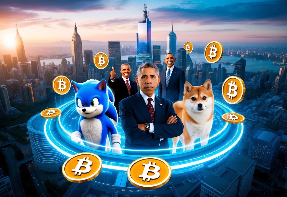 Bitcoin Price Prediction: Market Trends Point to Significant Gains in 2025 1 A futuristic cityscape with Harry Potter, Obama, Sonic the Hedgehog, and a Shiba Inu surrounded by bitcoin symbols