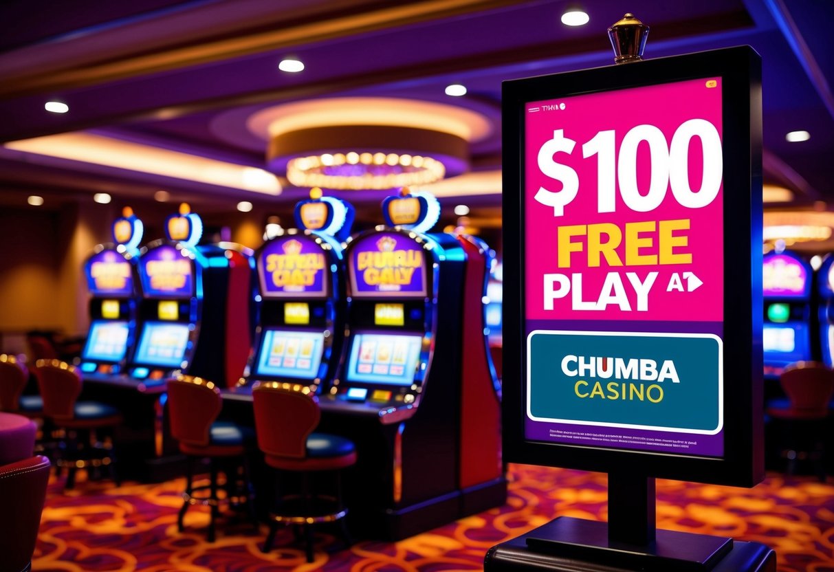 Chumba Casino $100 Free Play: A Gambler's Unexpected Windfall 1 A colorful casino setting with slot machines and gaming tables, featuring a prominent sign advertising "$100 free play" at Chumba Casino
