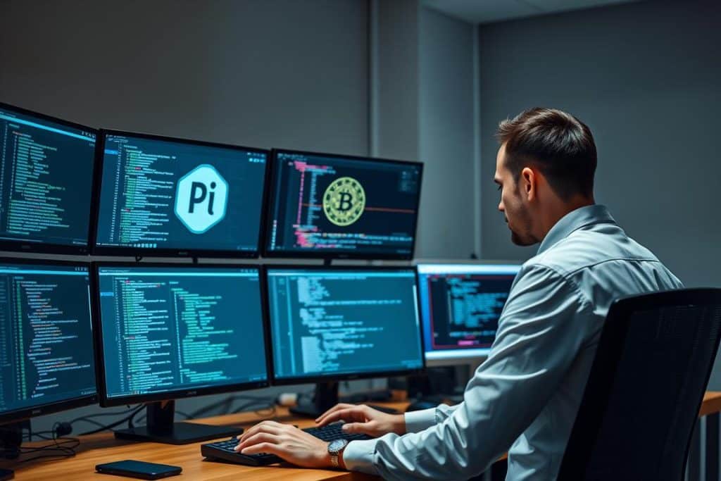 Developer working on Pi Network applications with code on screen
