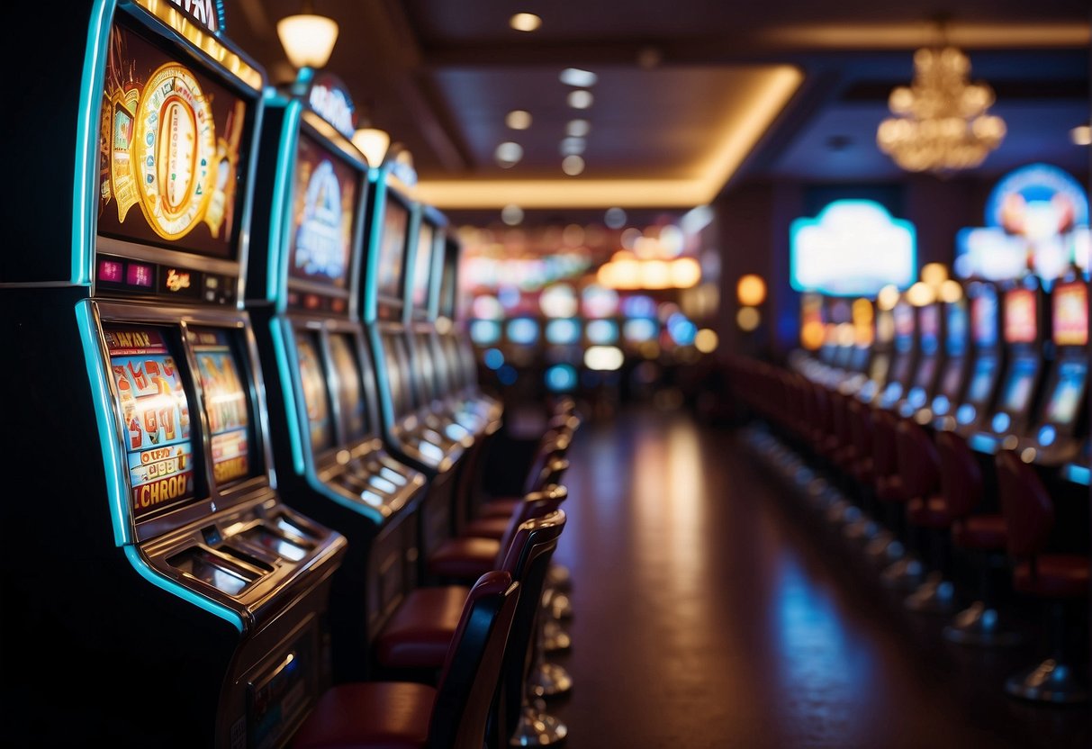Bright lights flash, slot machines ring, and chatter fills the air in the lively casino atmosphere