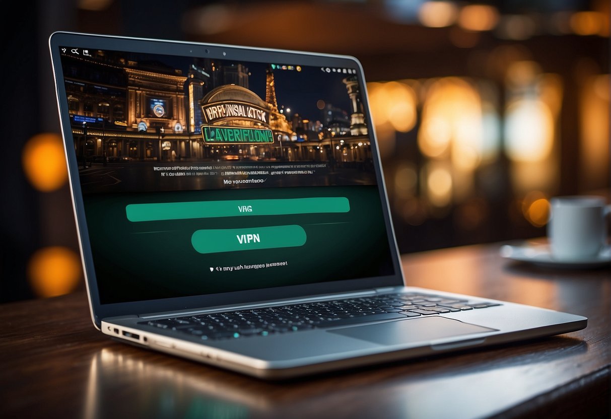 A laptop with a VPN connection open, displaying an online gambling website. The VPN logo is prominent, indicating secure and private access