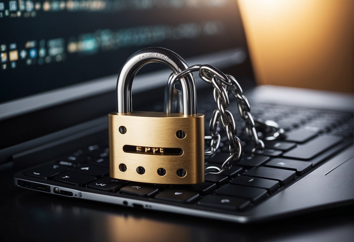 A computer with VPN and blockchain logos connecting to a secure network, with a padlock symbolizing encryption, and a chain representing blockchain technology