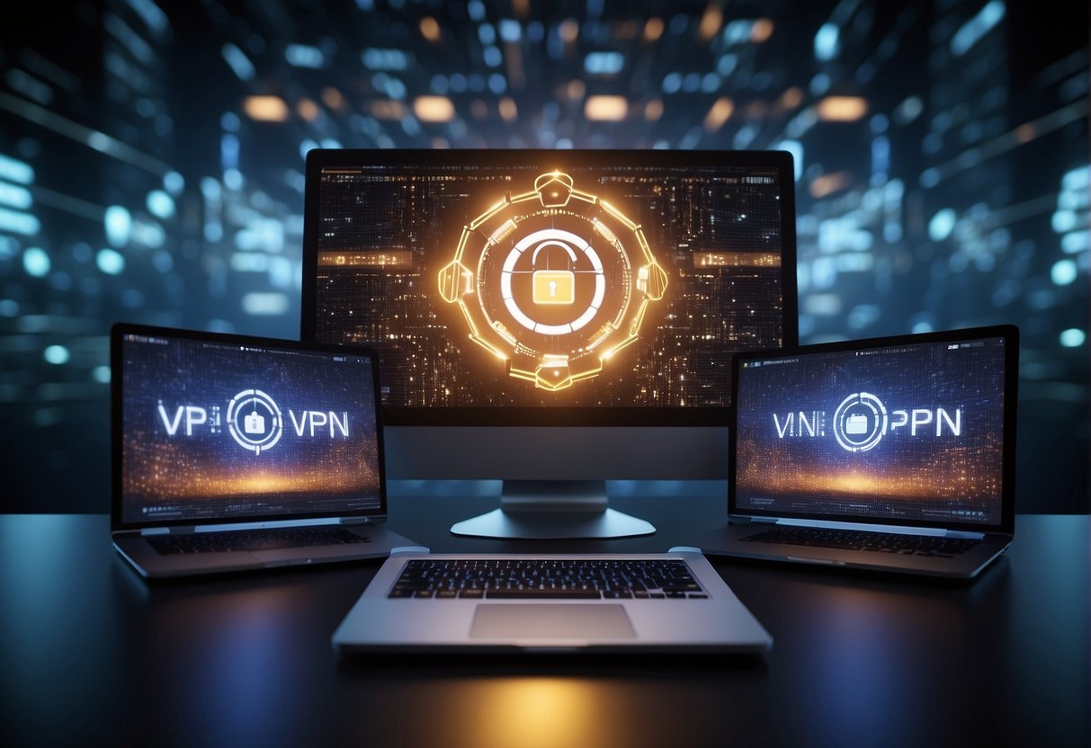 A computer screen displays a VPN connection and a chain of interconnected blocks, representing blockchain technology