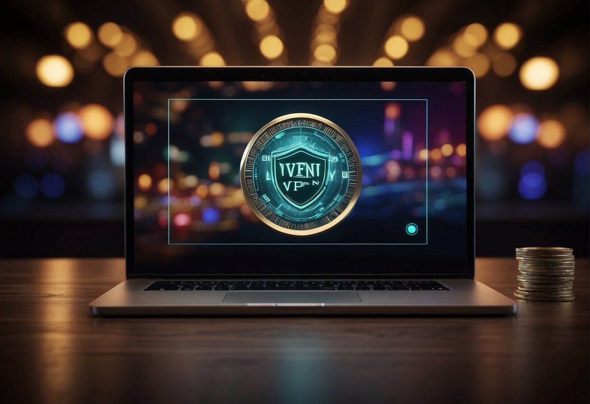 A computer screen displaying a secure VPN connection while online gambling. The VPN logo is prominent, with a lock symbol indicating secure betting