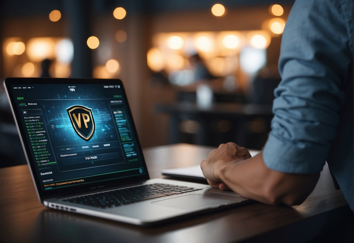 A person selects a VPN for secure betting online. Computer screen shows betting website with VPN logo. Security padlock symbolizes protection