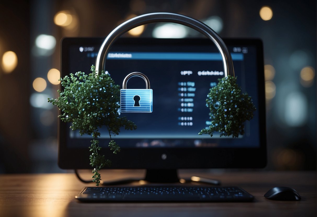 A computer with a secure VPN connection, a betting website on the screen, and a padlock symbol indicating secure encryption
