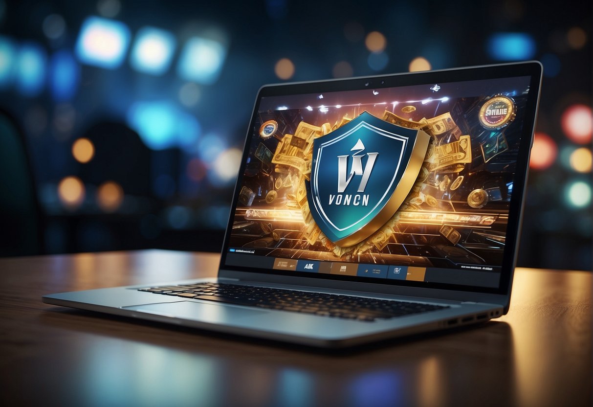 A laptop displaying an online gambling site with a VPN logo in the corner, surrounded by a digital shield symbolizing anonymity
