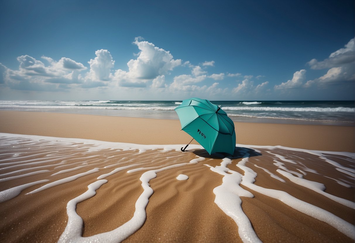A beach with a lone umbrella, waves crashing, and a glowing SandVPN logo in the sand