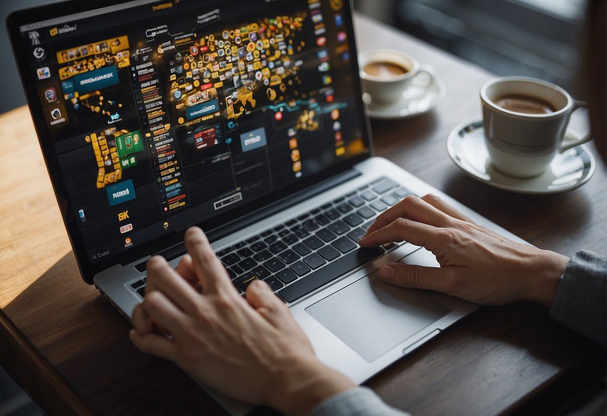 A hand reaches for a laptop, surrounded by gambling sites and VPN logos
