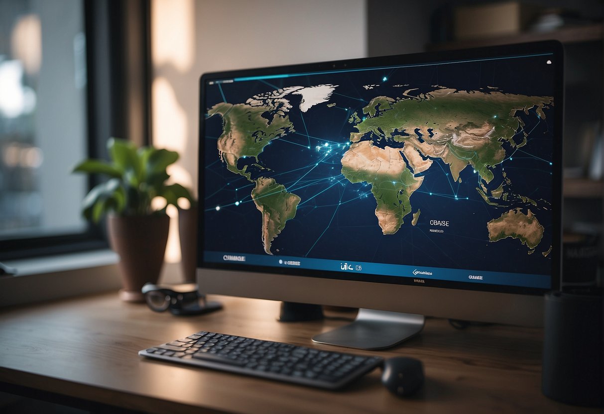 A computer screen displaying a VPN connection with the Coinbase logo in the corner