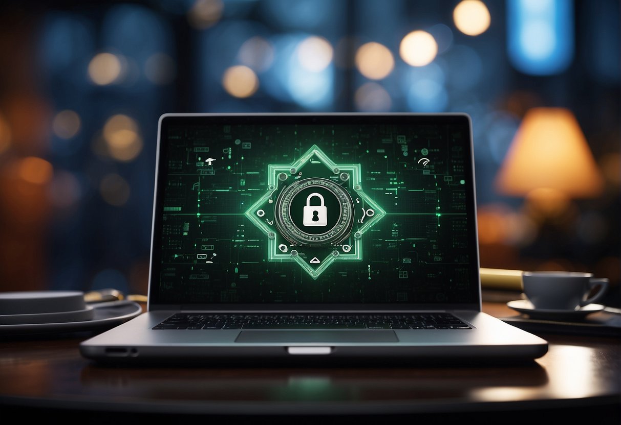 A laptop with a poker table on the screen, surrounded by virtual private network (VPN) icons and a secure padlock symbol