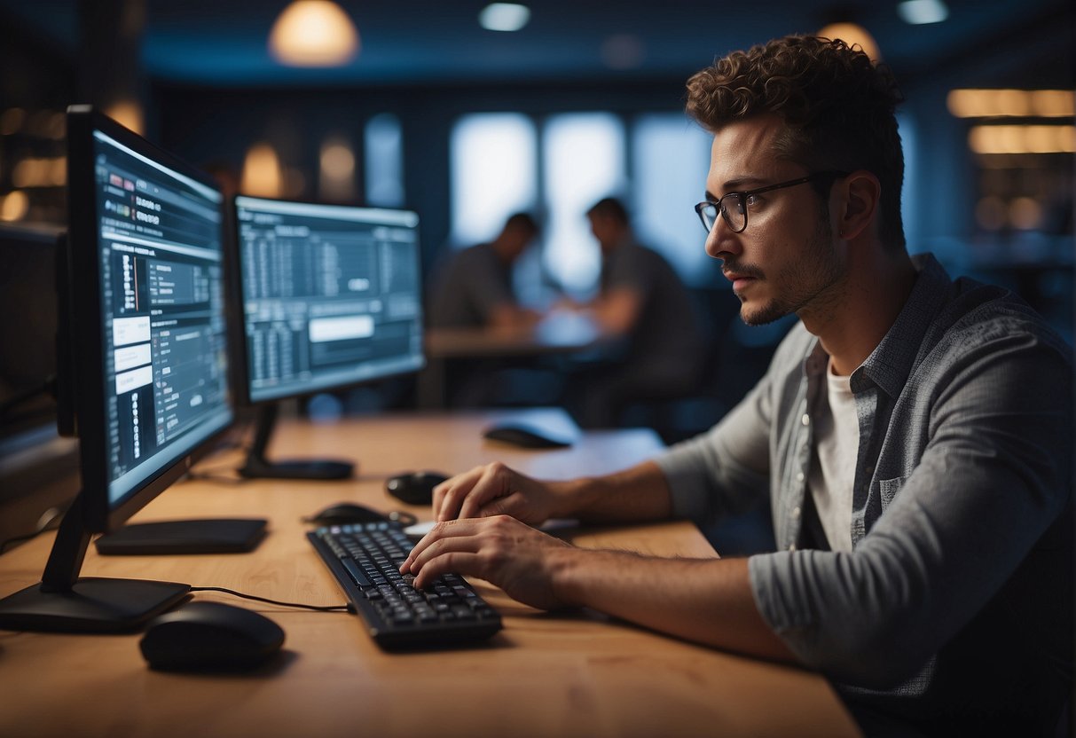 A person sits at a computer, researching VPN options for sports betting. Multiple tabs are open, showing different VPN providers and their features. The person is comparing prices and reading reviews to make an informed decision