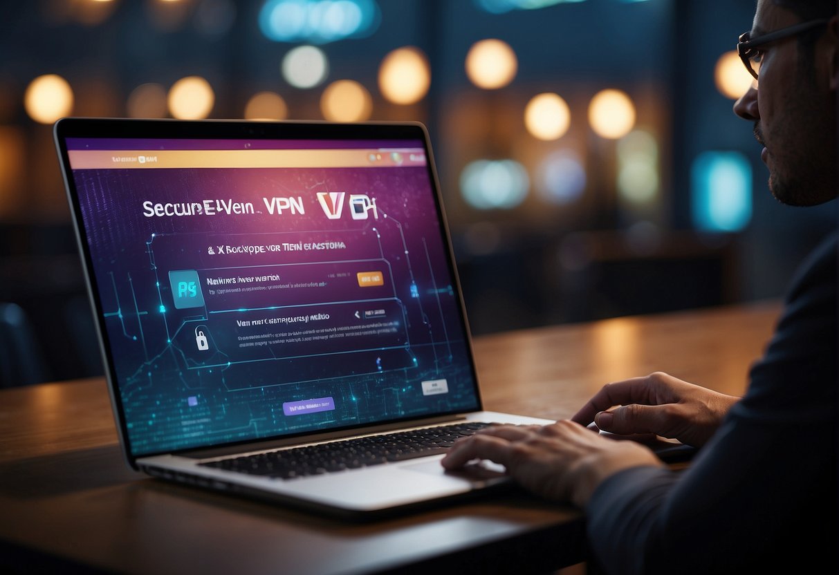 A computer screen displays a secure VPN connection with a betting website. A padlock icon indicates encryption, while a virtual tunnel symbolizes anonymity