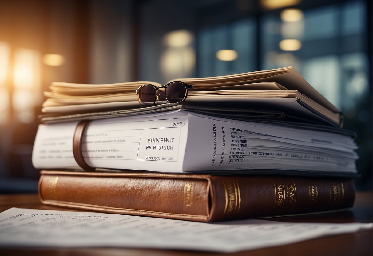 A stack of legal documents with a VPN symbol, surrounded by regulatory guidelines and warnings
