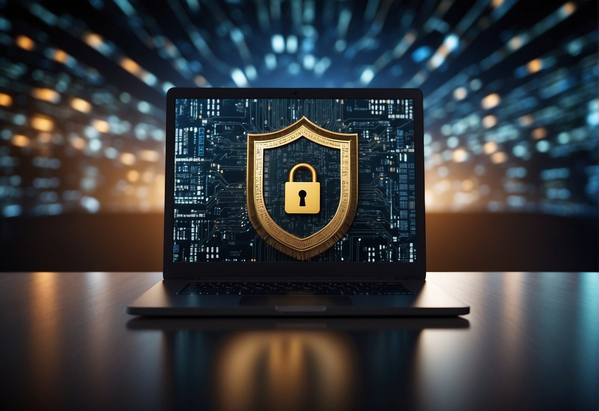 A computer screen with a lock icon and a shield, surrounded by virtual network nodes and encrypted data packets
