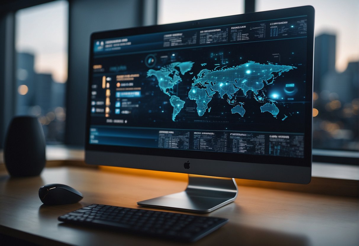 A computer screen displaying a secure VPN connection with blockchain technology in the background