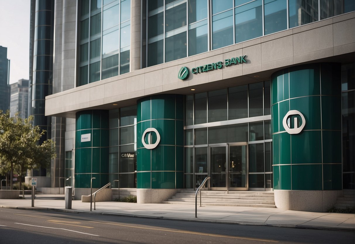 A modern bank building with a sleek design and the Citizens Bank logo prominently displayed