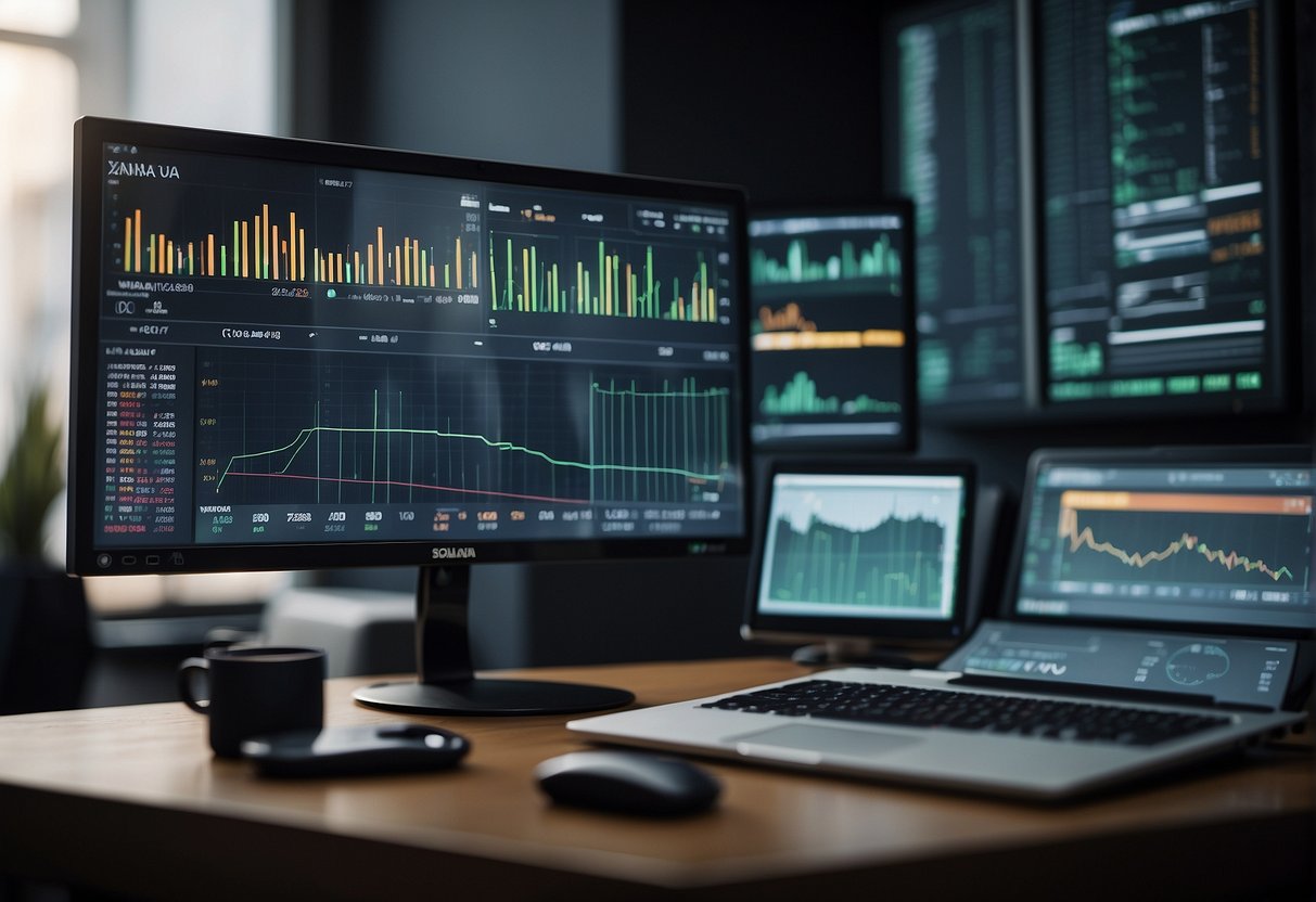 A computer screen displaying real-time trading data with a Solana logo in the background, surrounded by charts and graphs