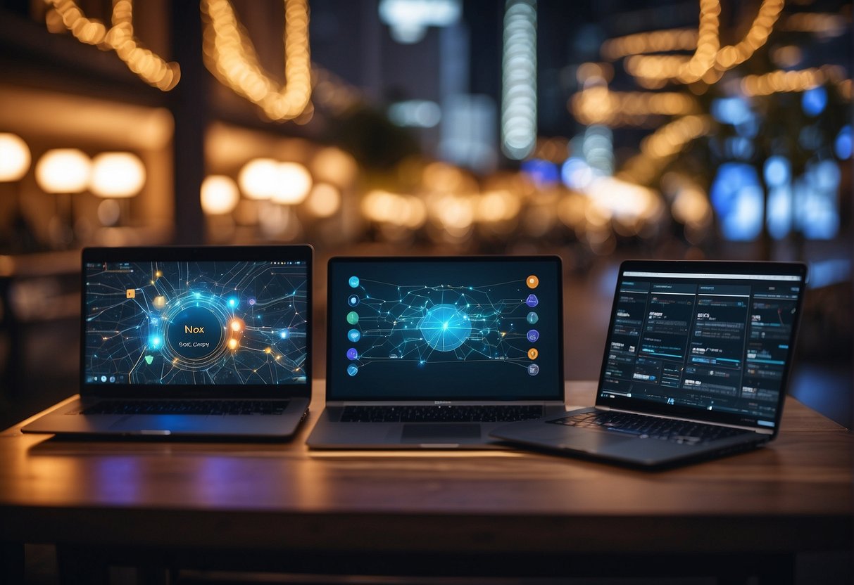 The Solana Network and DEX Ecosystem, soltradingbot, features a vibrant digital marketplace with interconnected nodes and decentralized exchange platforms