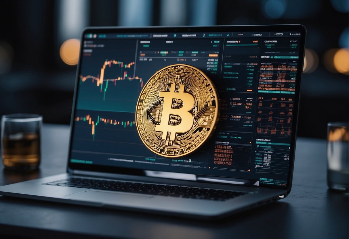 A computer screen displays a DEX trading bot executing trades with multiple cryptocurrency pairs in real-time. Charts and data streams fill the screen, showing the bot's activity