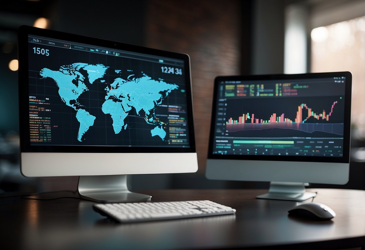 A computer screen displays a trading bot interface on a desk with a keyboard and mouse. Charts and graphs are visible in the background, depicting market data