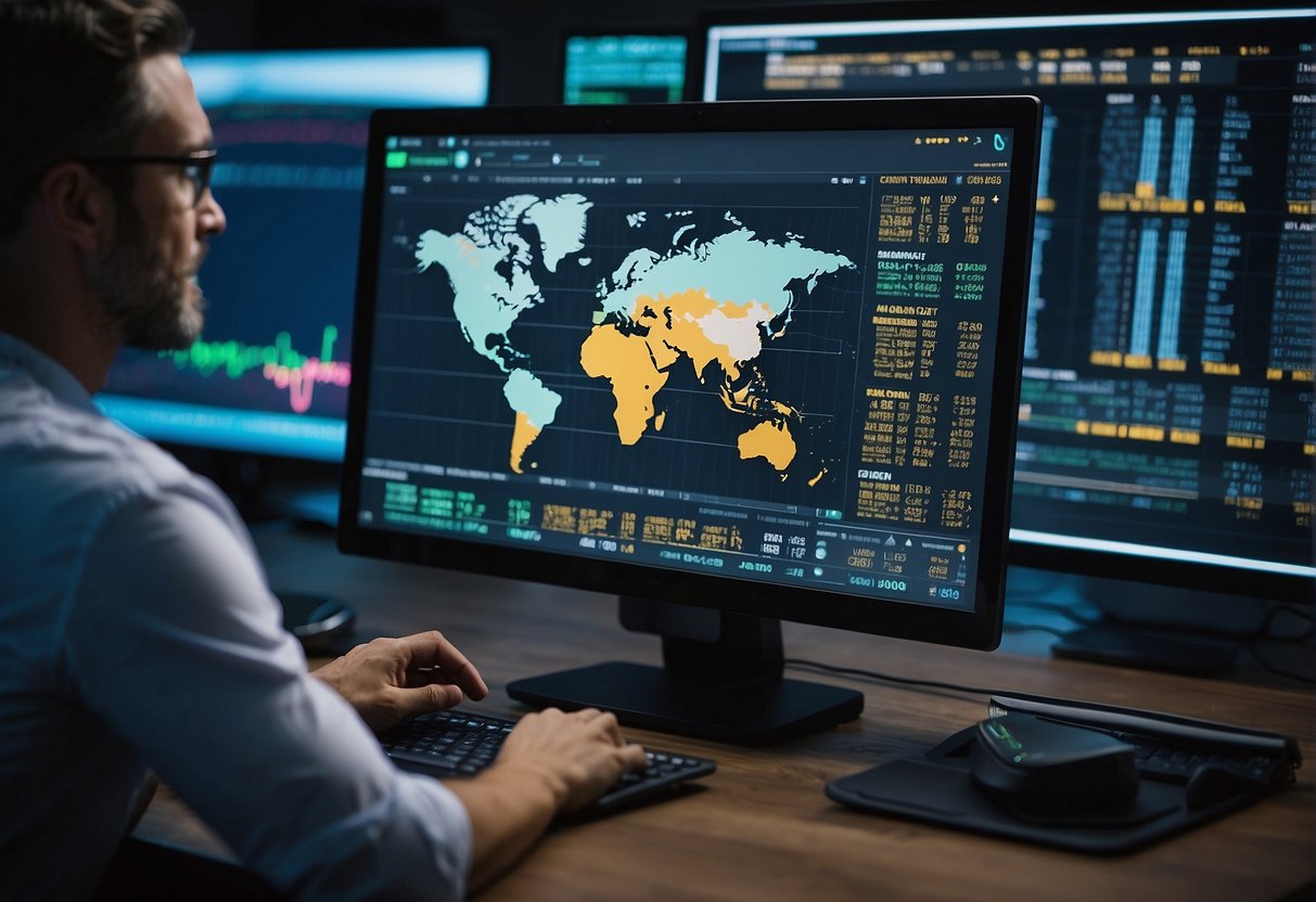 A computer screen displays a Telegram trading bot interface with charts and trading indicators. Multiple cryptocurrency pairs are shown with buy and sell options