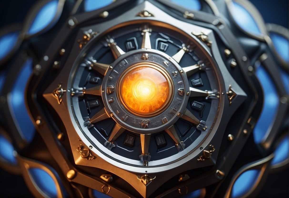 A shield surrounds a glowing core, repelling incoming energy waves