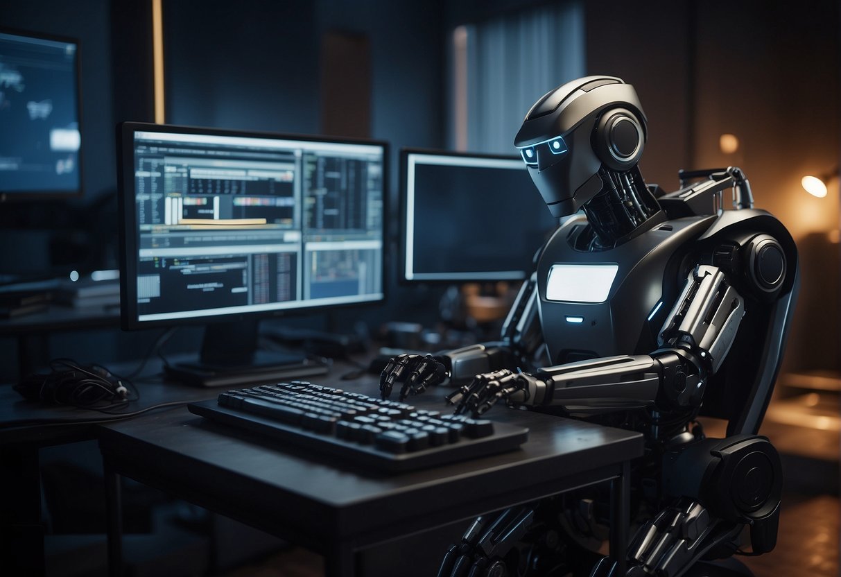 An Autobuy bot is being programmed with a computer, wires, and a keyboard on a desk in a dimly lit room