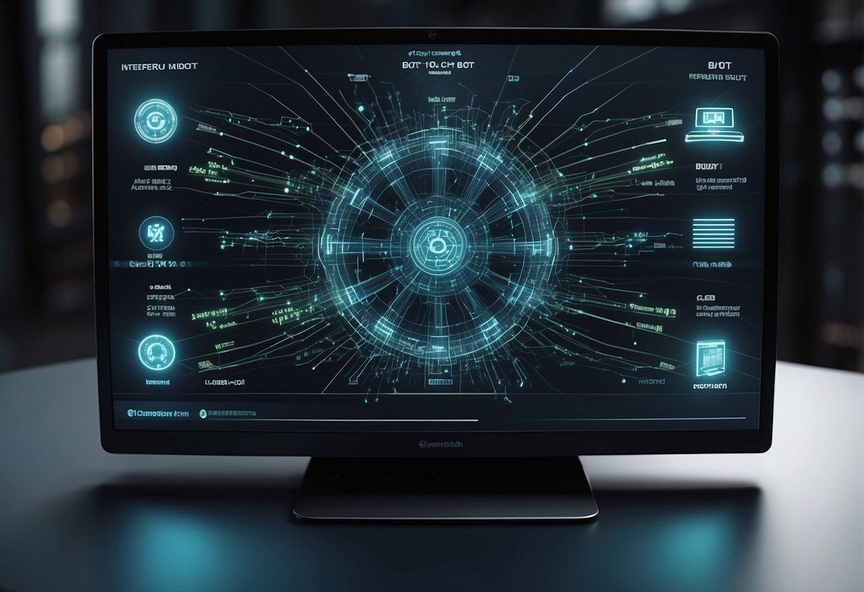 A computer screen displaying a referral bot interface with various input fields and settings. A network of interconnected lines and nodes representing the bot's operation
