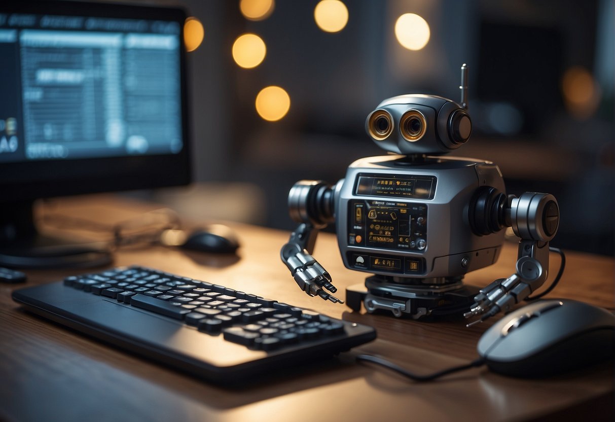 An auto buyer bot is being set up with cables connected to a computer. The bot is placed on a table with a keyboard and mouse nearby