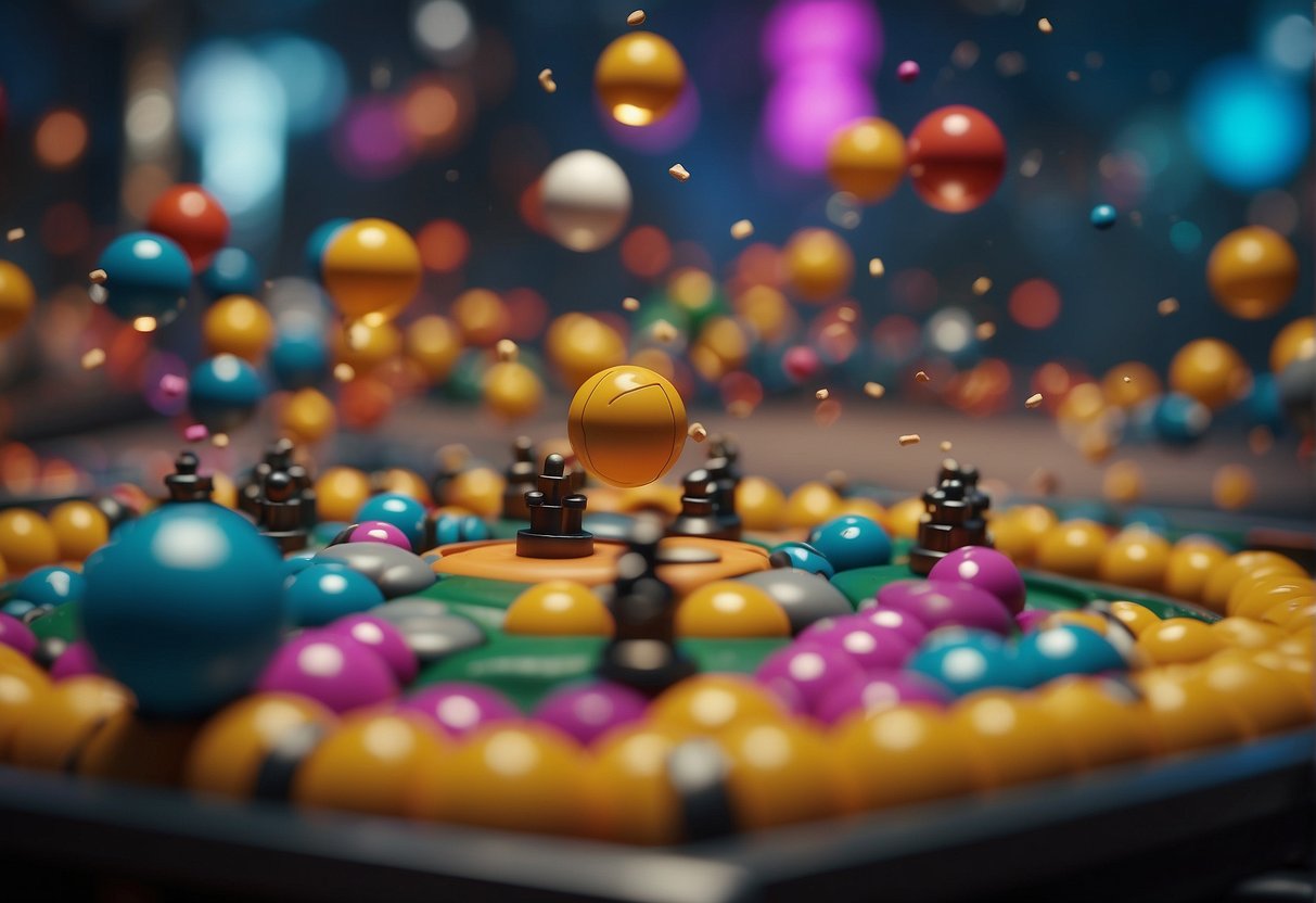 A chaotic battle arena with bouncing balls, swinging platforms, and colorful obstacles. Players compete to knock each other off the screen in a fast-paced and physics-based multiplayer game