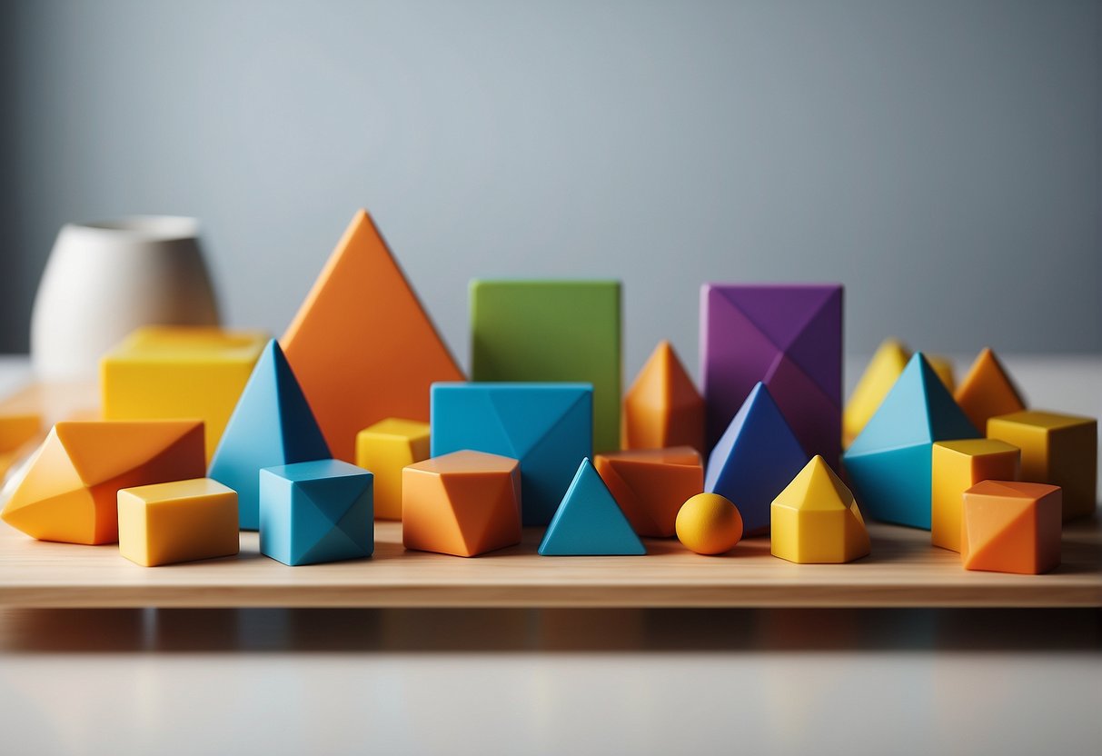A group of colorful geometric shapes are arranged on a blank canvas, with a computer screen in the background displaying the "Getting Started" page of the bonk.io official site