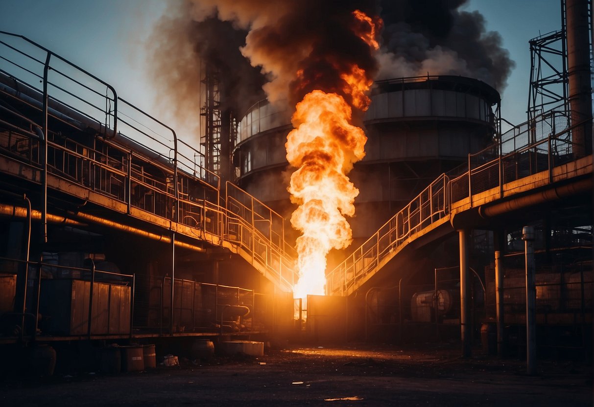 A large, industrial incinerator emits flames and smoke, surrounded by metal structures and pipes. The intense heat and glowing embers create a menacing atmosphere