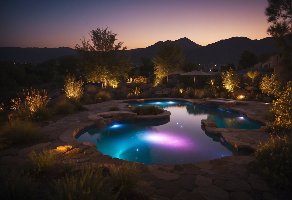 A colorful, pulsating Solana fluxbeam illuminates the night sky, casting a vibrant glow over the landscape