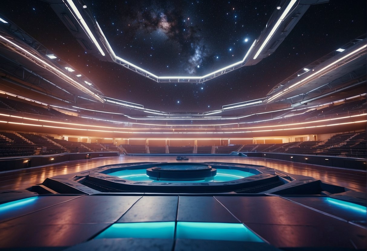 A colorful, futuristic arena with bouncing platforms and obstacles, surrounded by a bright, starry sky