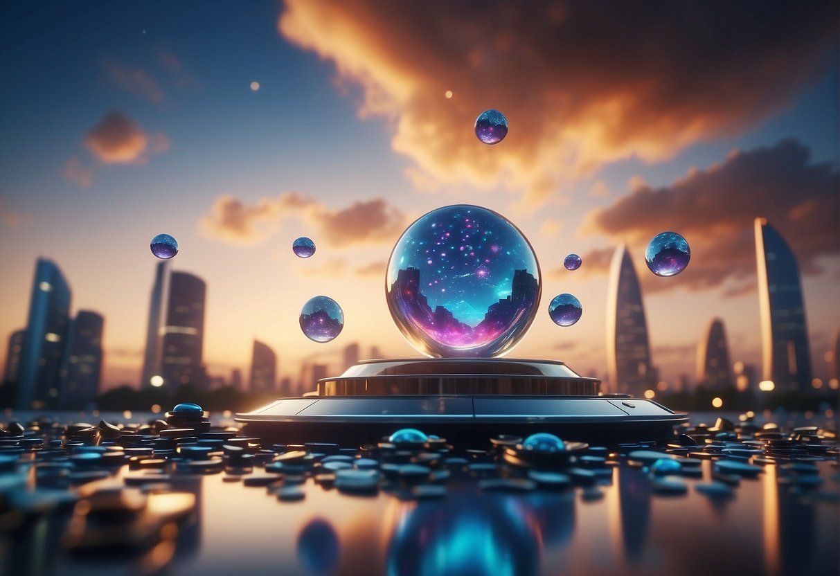 A vibrant digital landscape with bonk tokens scattered across a glowing platform, surrounded by futuristic architecture and a dynamic sky