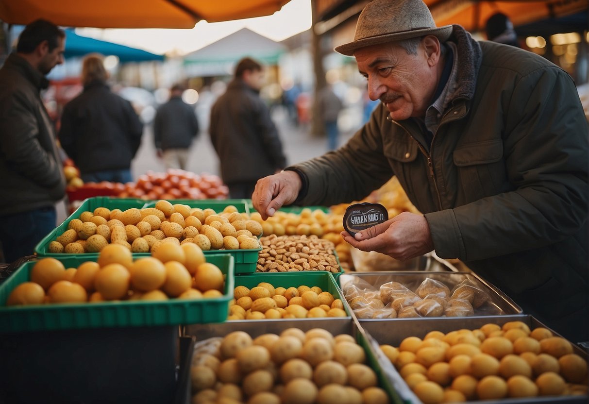 A customer at a market stall purchases a Bonk bonk sol product from the vendor